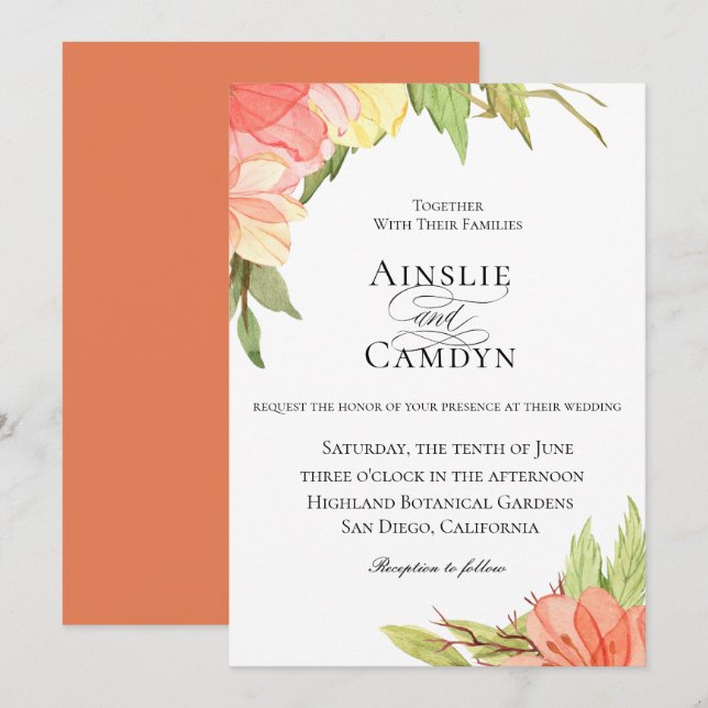 Invitación floral de la boda de la puesta del sol (Anverso / Reverso)