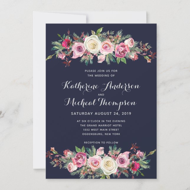 Invitación floral de la boda de Rubor de la marina (Anverso)