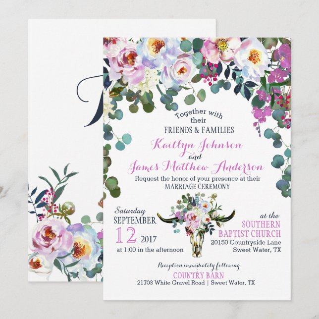 Invitación floral de la boda del cráneo de la vaca (Anverso / Reverso)