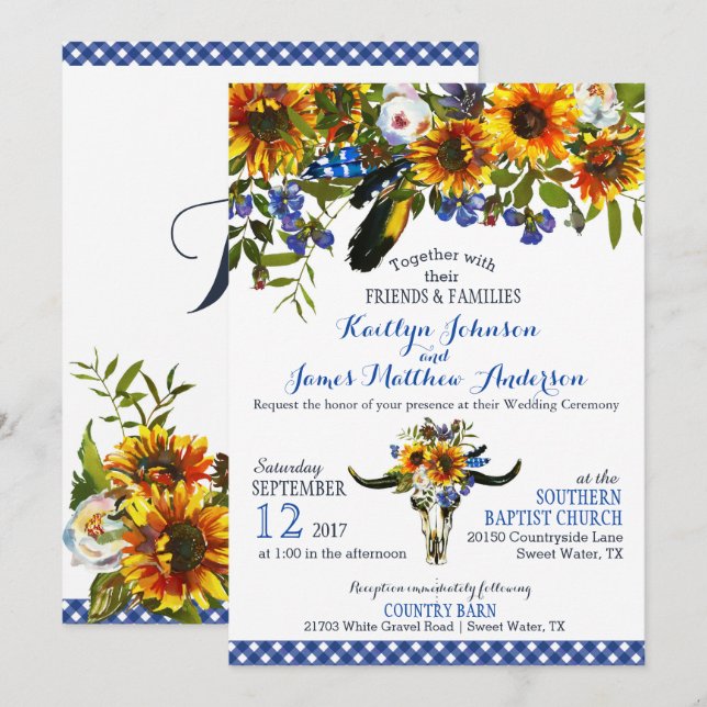 Invitación floral de la boda del cráneo de la vaca (Anverso / Reverso)