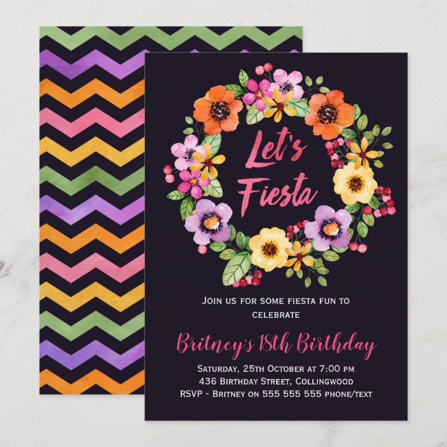 Invitación floral de la fiesta de cumpleaños de la (Anverso / Reverso)