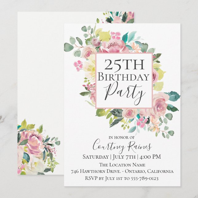 Invitación floral de la fiesta de cumpleaños del (Anverso / Reverso)