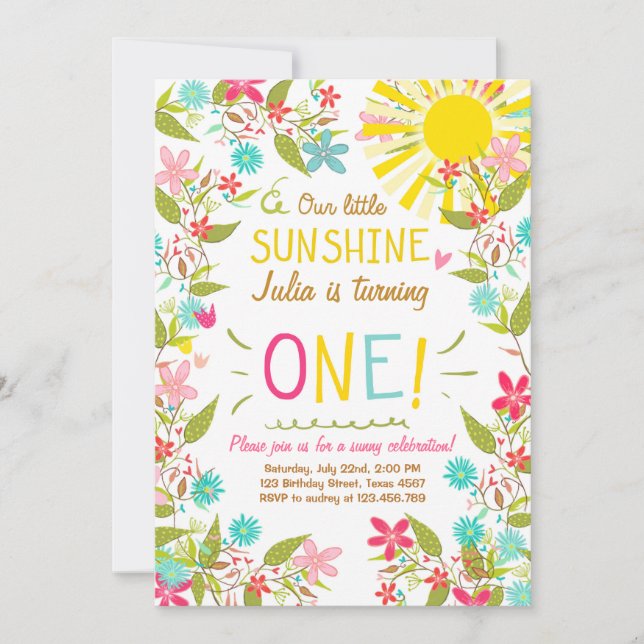 Invitación Floral de la fiesta de cumpleaños Little Sunshine (Anverso)
