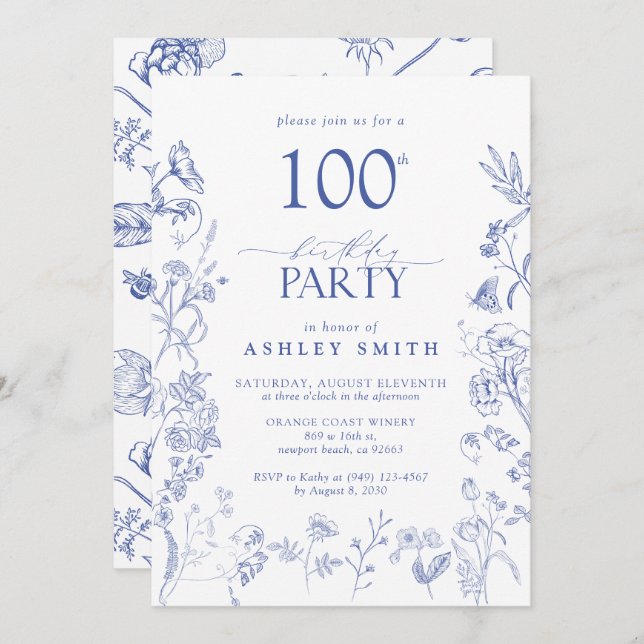 Invitación Floral de la fiesta de cumpleaños número 100 del V (Anverso / Reverso)