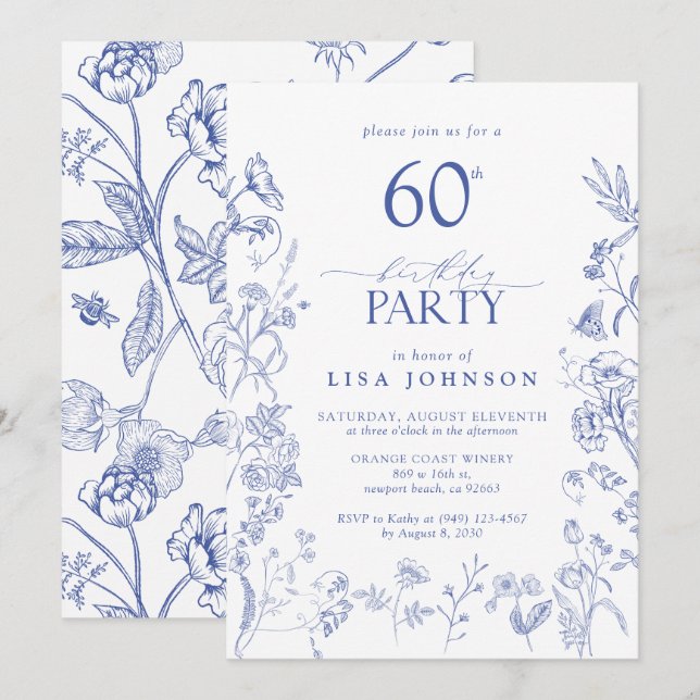 Invitación Floral de la fiesta de cumpleaños número 60 del Vi (Anverso / Reverso)