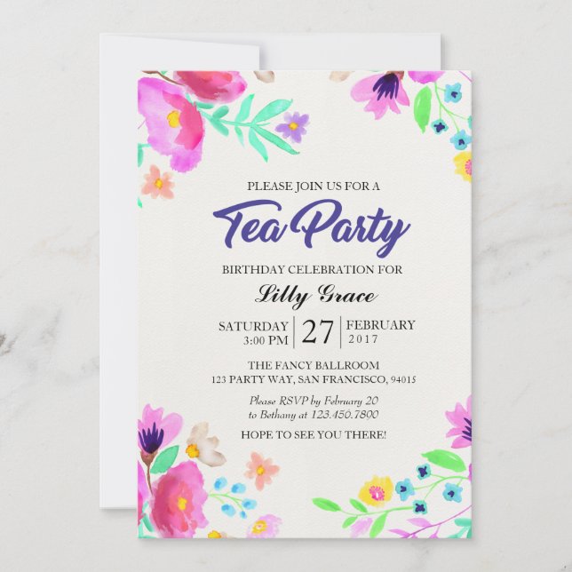 Invitación floral de la fiesta del té del (Anverso)