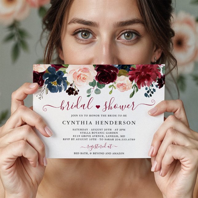 Invitación Floral de la Marina Borgoña Ducha Azul Bridal (Subido por el creador)
