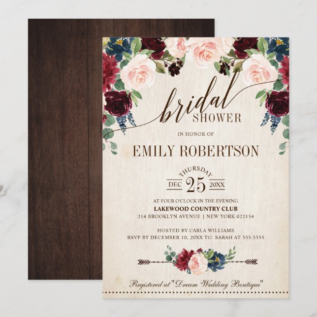 Invitación Floral de la marina borgoñona Rustic Boho Bridal S (Anverso / Reverso)