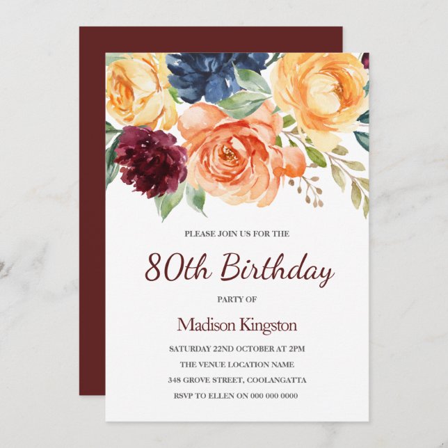Invitación Floral de la Marina de Borgoña 80 cumpleaños (Anverso / Reverso)