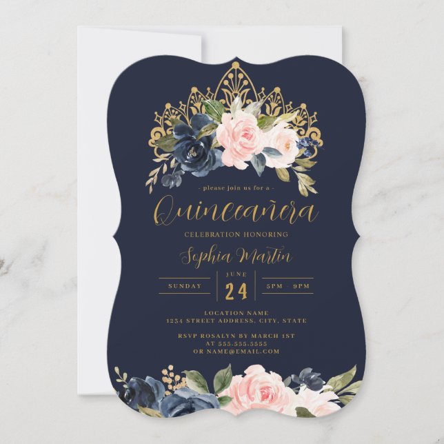 Invitación Floral de la marina de Rubor Tiara Quinceanera (Anverso)