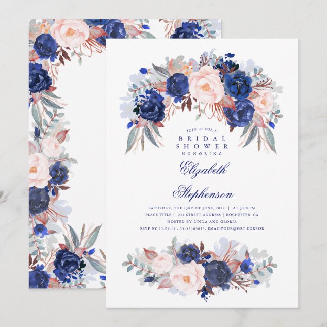 Invitación Floral de la marina elegante y moderna ducha de no (Anverso / Reverso)