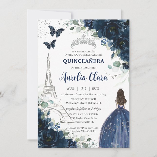 Invitación Floral de la Marina Quinceañera París Eiffel Princ (Anverso)