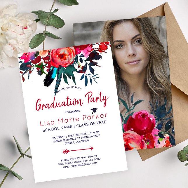 Invitación Floral de la marina roja ramo fiesta de graduación (Subido por el creador)