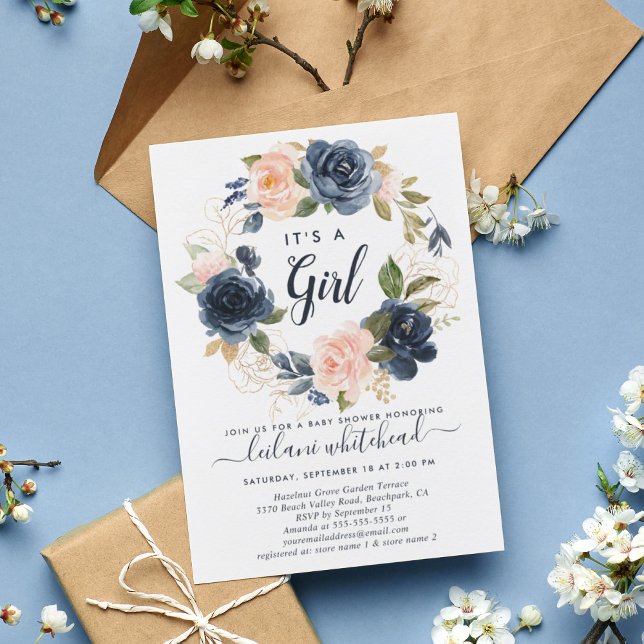 Invitación Floral de la marina rosa de Baby Shower (Subido por el creador)