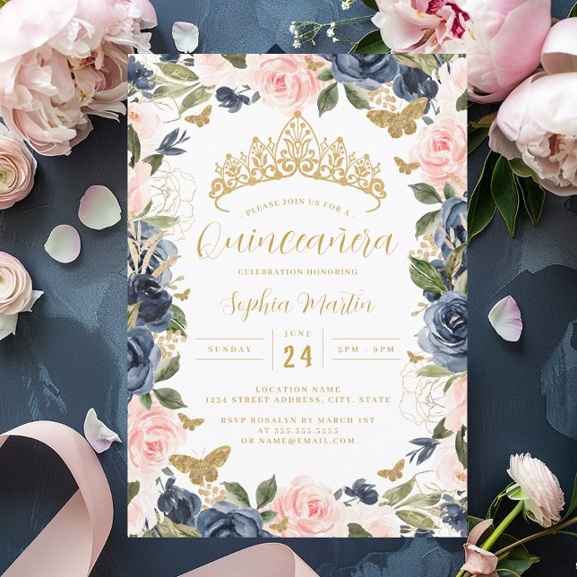 Invitación Floral de la marina rosa dorada Tiara mariposa Qui (Subido por el creador)