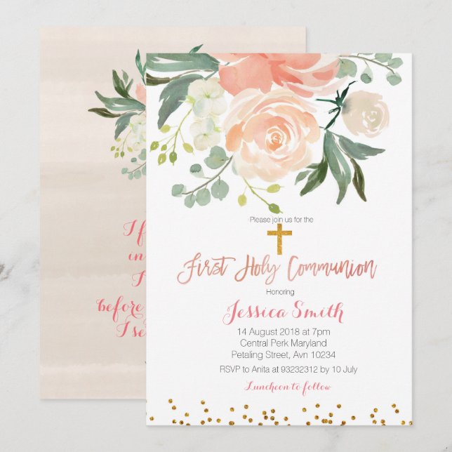 Invitación floral de la primera comunión (Anverso / Reverso)
