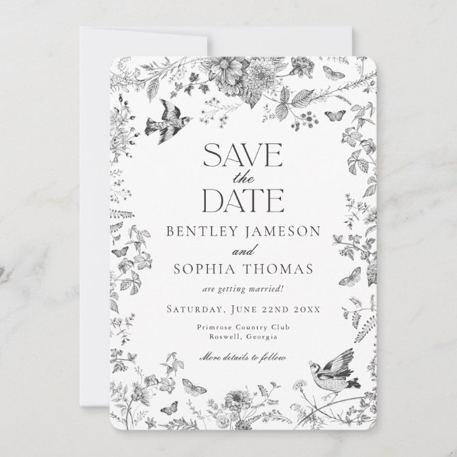 Invitación Floral de la vieja vieja vieja del toile negro de  (Anverso)