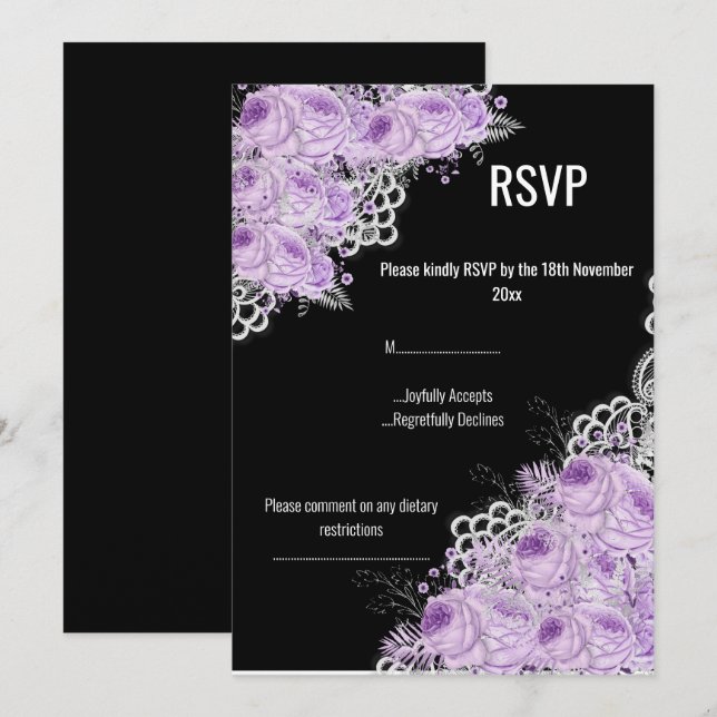 INVITACIÓN FLORAL DE LACE PÚRPURA ELEGANTES RSVP MODERNOS (Anverso / Reverso)