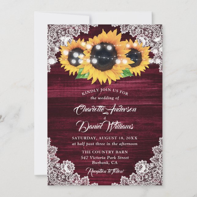 Invitación Floral de Lace Rústico de Borgoña Girasoles Boda (Anverso)