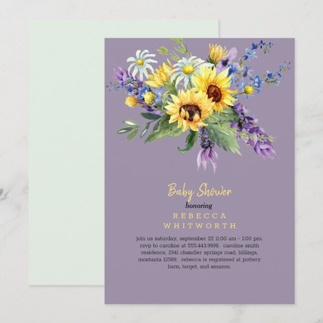 Invitación Floral De Lavanda En Persona Baby Shower (Anverso / Reverso)