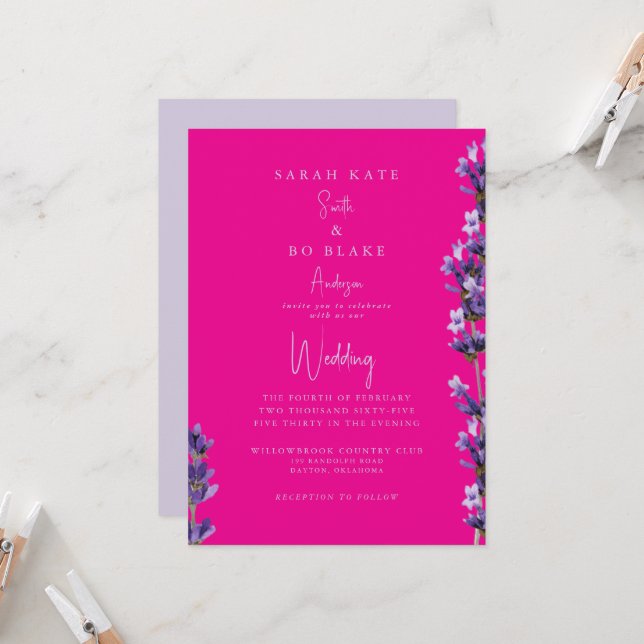 Invitación Floral de lavanda y rosa caliente sin padres Boda (Anverso/Reverso In Situ)