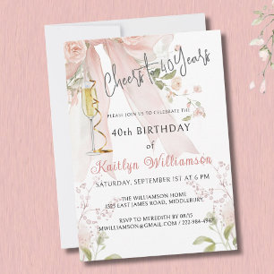 Invitación floral de lazo rosa de 40 años