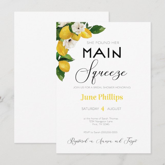 Invitación floral de limón para despedida de solte (Anverso / Reverso)