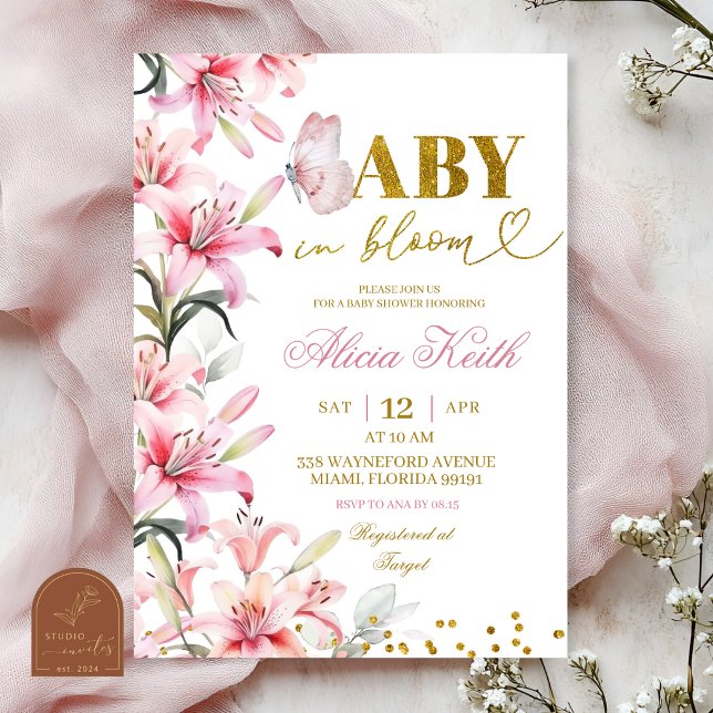 Invitación floral de lirio rosa mariposa bebé en f (Subido por el creador)