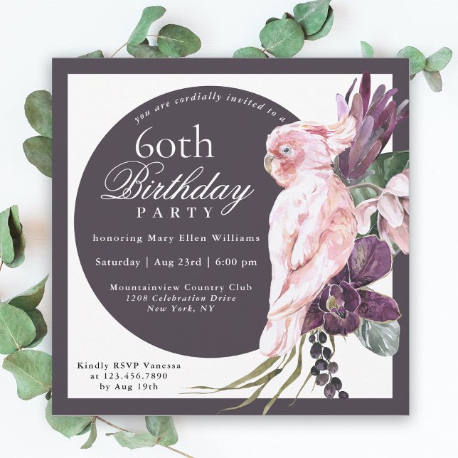 Invitación Floral de loro rosado tropical 60 cumpleaños (Subido por el creador)