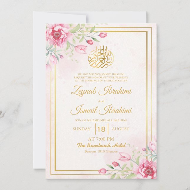 Invitación Floral de lujo, deja a Boda musulmán islámico de o (Anverso)