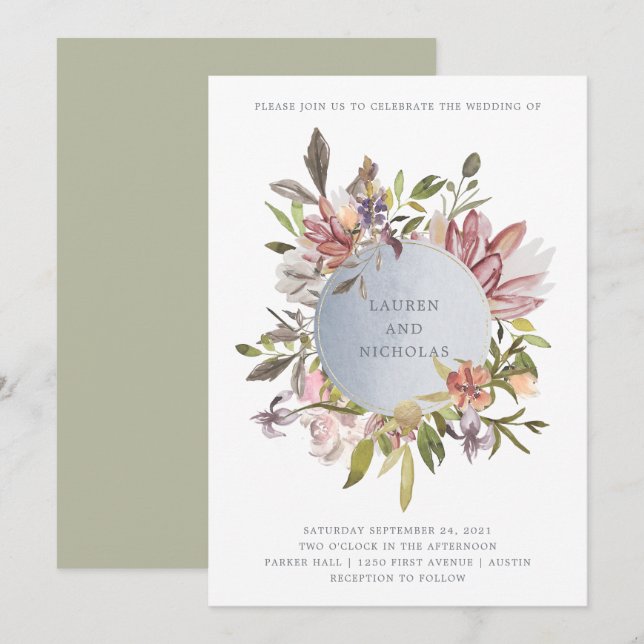 Invitación Floral de lujo en Moss | Boda de acuarela elegante (Anverso / Reverso)