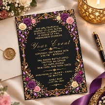 Invitación floral de lujo en negro, oro y púrpura