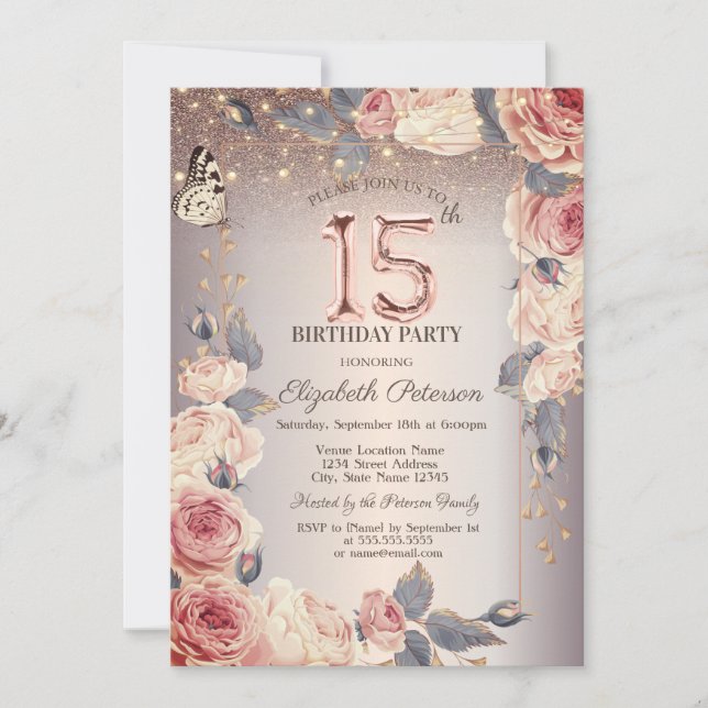 Invitación Floral de lujo, mariposa, luces 15 cumpleaños (Anverso)