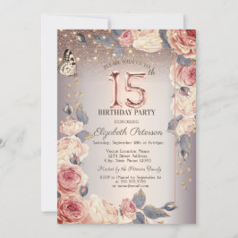 Invitación Floral de lujo, mariposa, luces 15 cumpleaños