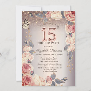 Invitación Floral de lujo, mariposa, luces 15 cumpleaños
