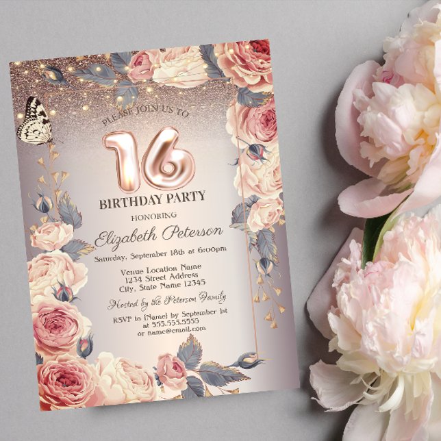 Invitación Floral de lujo, mariposa, luces 16º cumpleaños (Subido por el creador)