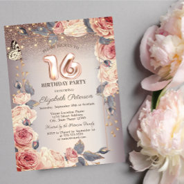 Invitación Floral de lujo, mariposa, luces 16º cumpleaños