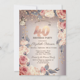 Invitación Floral de lujo, mariposa, luces 40 cumpleaños