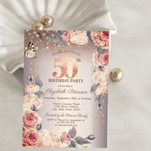 Invitación Floral de lujo, mariposa, luces 50 cumpleaños (Subido por el creador)