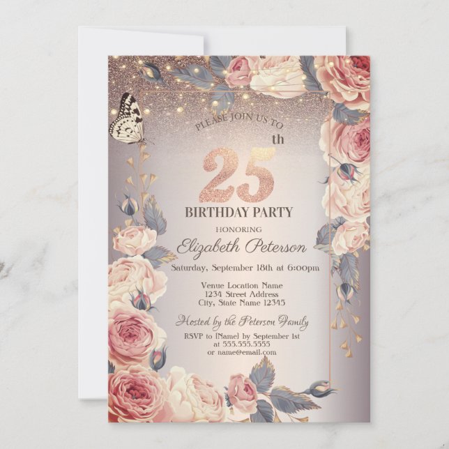 Invitación Floral de lujo, mariposa, luces cumpleaños 25 (Anverso)