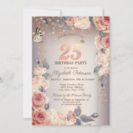 Invitación Floral de lujo, mariposa, luces cumpleaños 25