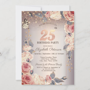 Invitación Floral de lujo, mariposa, luces cumpleaños 25