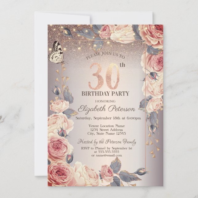 Invitación Floral de lujo, mariposa, luz 30 cumpleaños (Anverso)