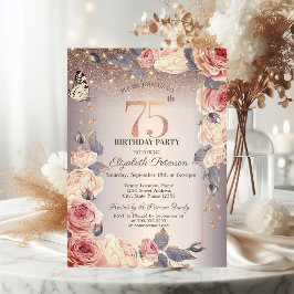 Invitación Floral de lujo, mariposa, luz 75 cumpleaños