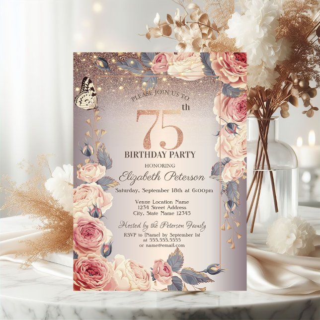 Invitación Floral de lujo, mariposa, luz 75 cumpleaños (Subido por el creador)