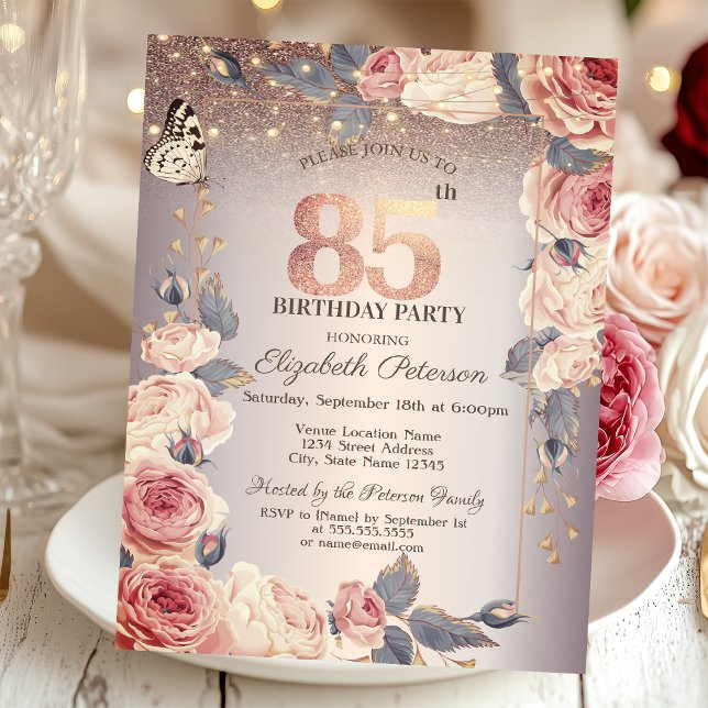 Invitación Floral de lujo, mariposa, luz 85 cumpleaños (Subido por el creador)