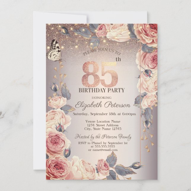 Invitación Floral de lujo, mariposa, luz 85 cumpleaños (Anverso)