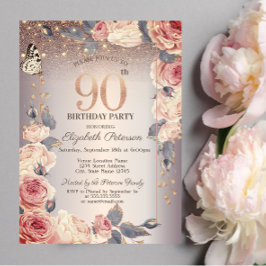 Invitación Floral de lujo, mariposa, luz 90 cumpleaños