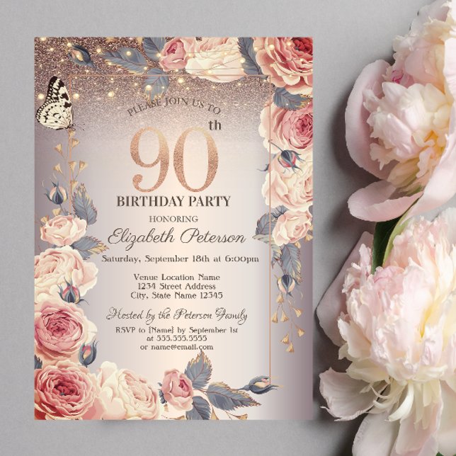 Invitación Floral de lujo, mariposa, luz 90 cumpleaños (Subido por el creador)
