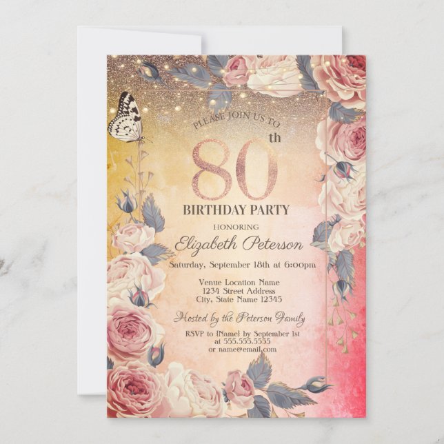 Invitación Floral de lujo, mariposa, luz Ombre 80 cumpleaños (Anverso)
